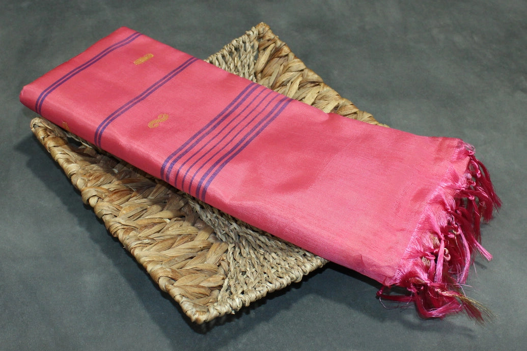 Banana Pith (Vaazhai Naar) Salmon Pink Saree with Gold-Tone Zari Border and Small Butta