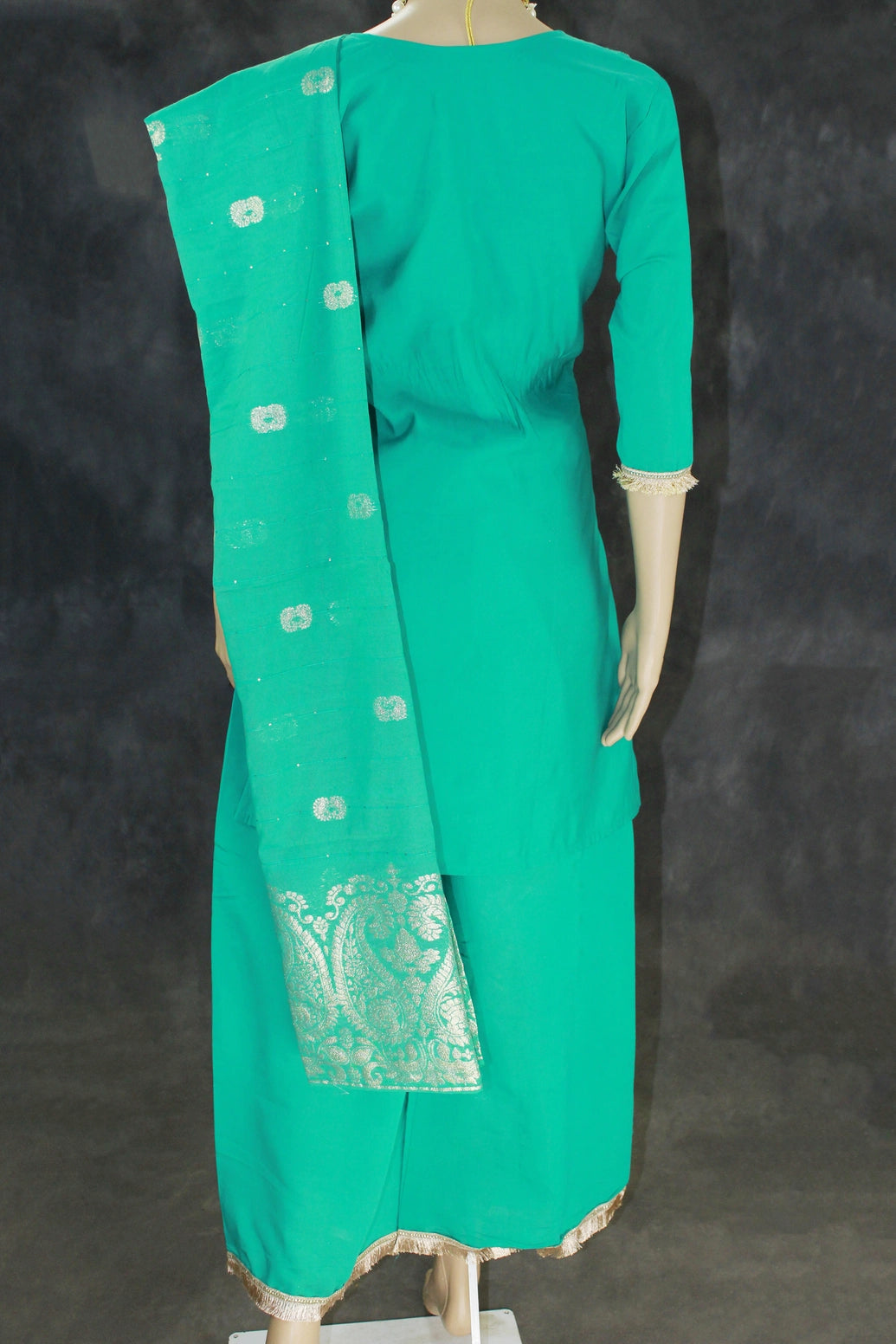 Rama Green Roman Silk Kurti with Palazzo & Banarasi Dupatta, Beaded Embroidery 3-Piece Set