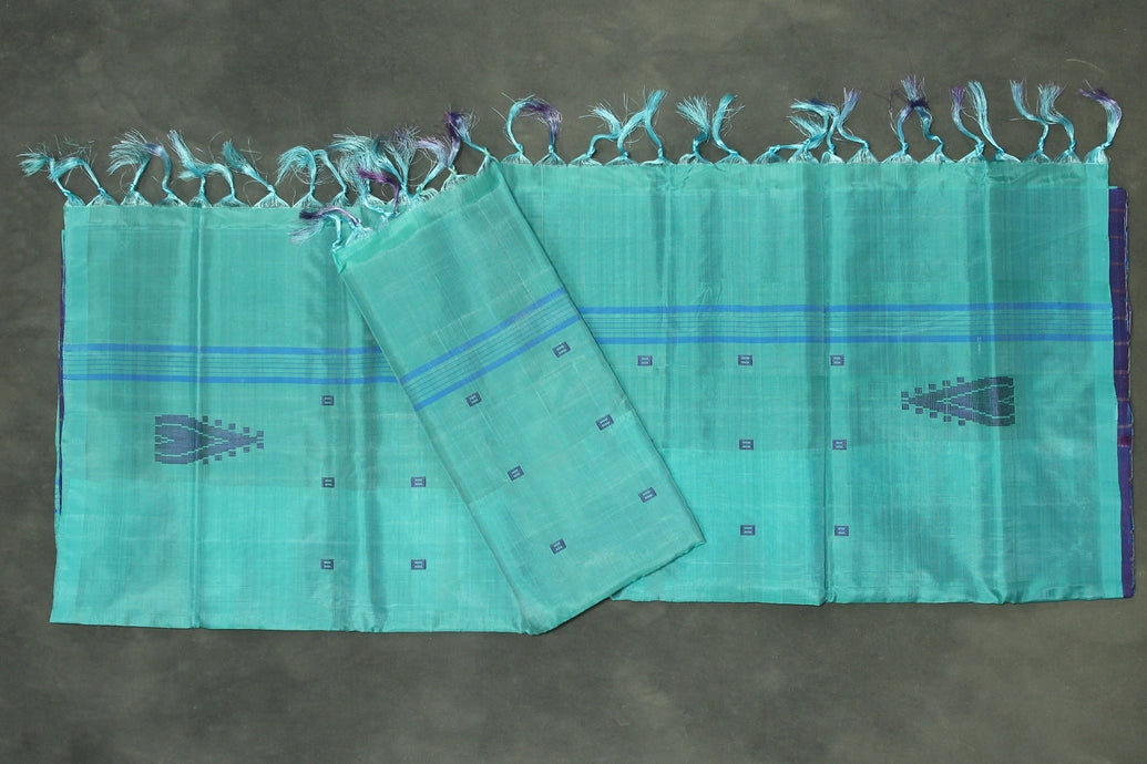 Sea Green Vaazhai Naar (Banana Pith) Handloom Saree with Small Butta - Borderless Traditional Saree