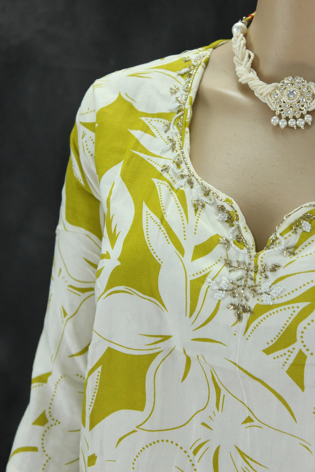 Cream & Mustard Rayon 2-Piece Co-Ord Set with Bead and Aari Neck Embellishment Kurti JCS Fashions