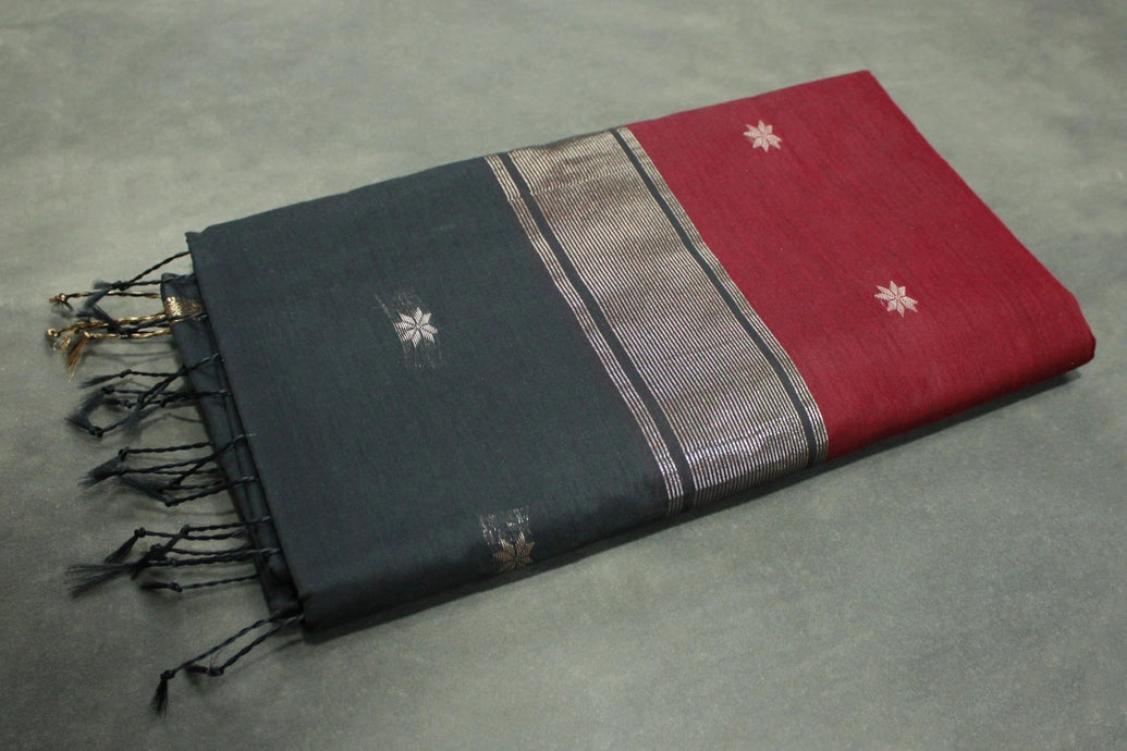 Maroon Maheswari Silk Cotton Saree with Small Butta and Zari Border, Blouse Piece Included