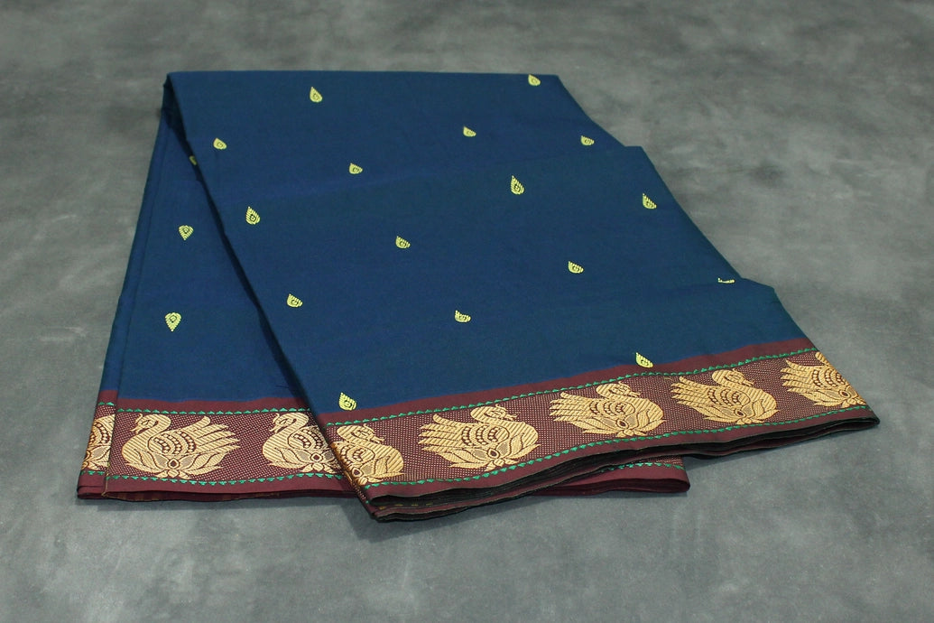 Navy Blue Poly Cotton Butta Saree with Gold-Coloured Thread Temple Border Saree JCS Fashions