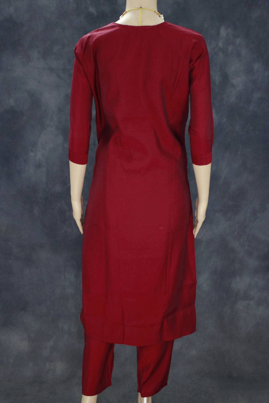 Maroon Silk 3-Piece Salwar Suit - Aari, Mirror & Pearl Embroidery with Organza Printed Dupatta