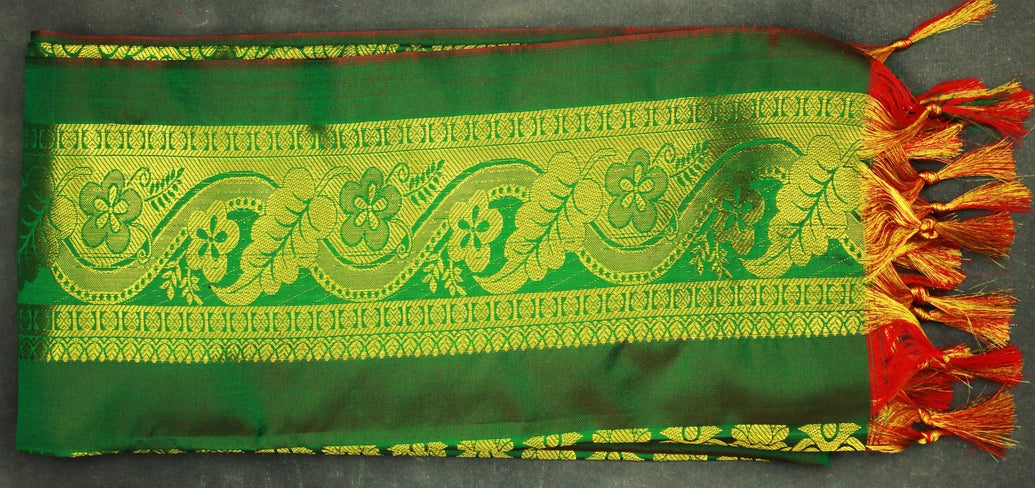 Green Zari Pattu Shawl with Traditional Border and Tassels for Pooja, Events and Functions