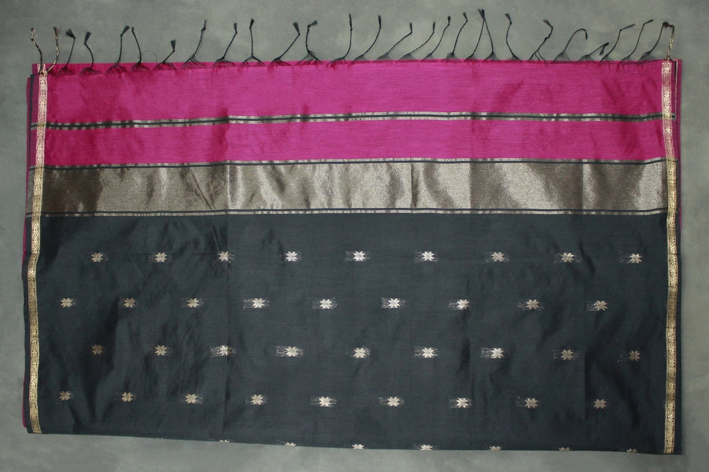Purple Maheswari Silk Cotton Saree with Small Butta & Zari Border, Blouse Piece