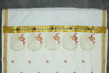 Pure Kerala Cotton White Saree with Gold Zari Peacock Embroidery and Blouse Piece