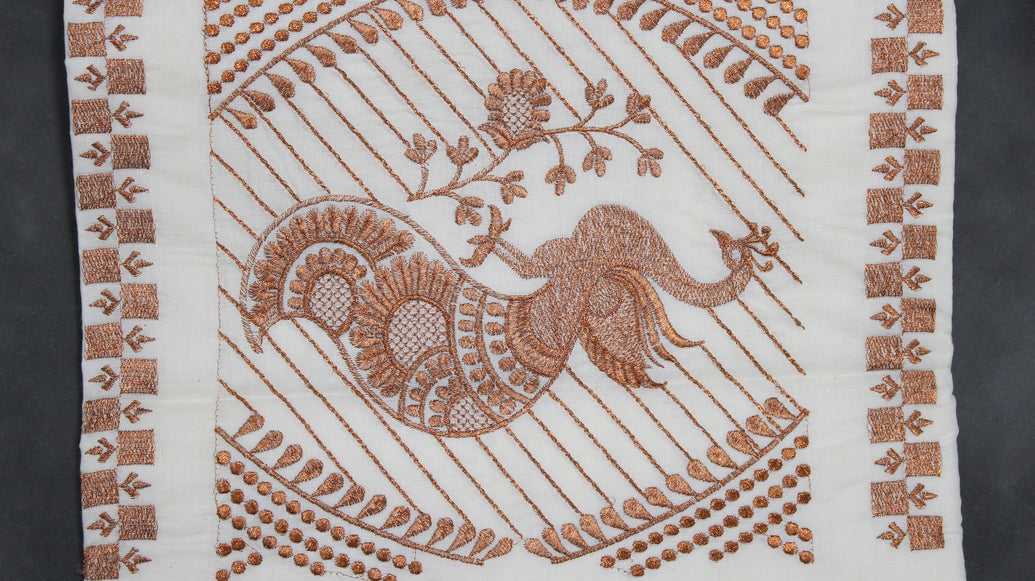 White Kerala Cotton Saree with Copper Zari Peacock Embroidery and Copper Border