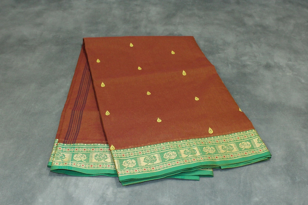 Chocolate Brown Poly Cotton Saree with Green Thread Border and Gold Butta Saree JCS Fashions
