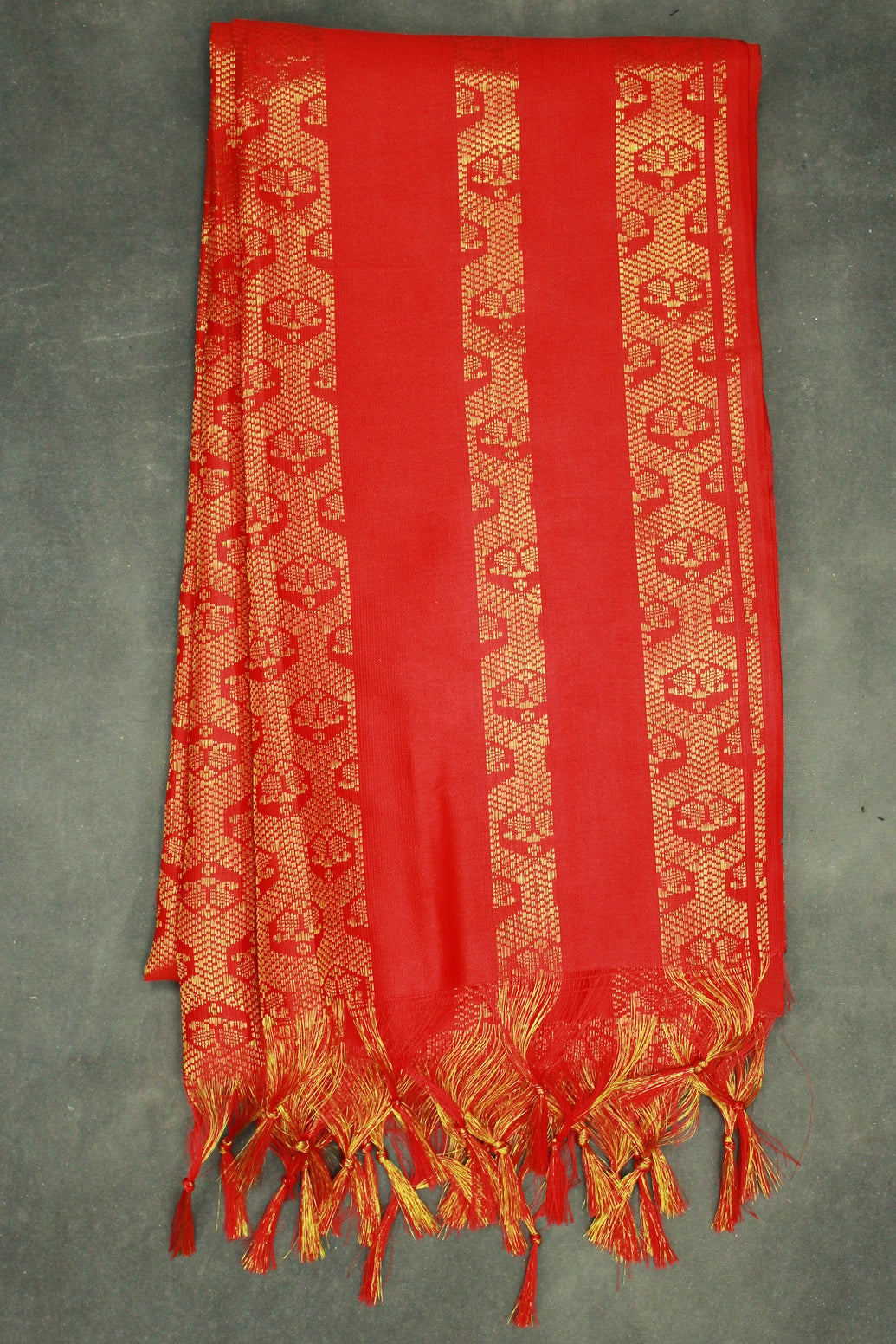 Red Ponnadai Poly Silk Jacquard Temple Shawl with Zari Pattern & Tassels | 2m Traditional South Indian Dupatta