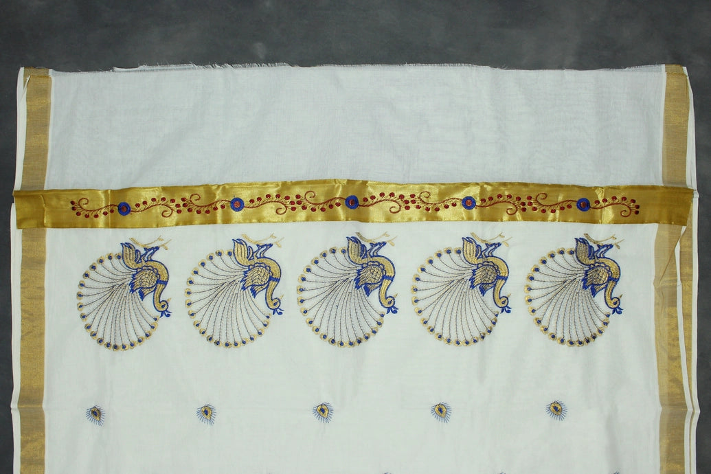 White Kerala Cotton Saree with Gold Zari Border and Peacock Embroidery | Blouse Piece
