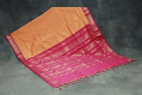 Kalyani Cotton Saree in Orange with Zari Checked & Zari Peacock Border and Blouse Piece