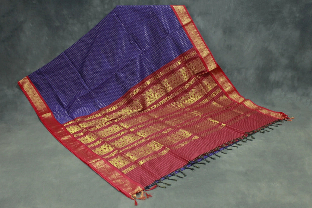 Violet Kalyani Cotton Saree with Zari Checked & Peacock Border and Blouse