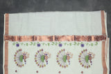 White Kerala Cotton Saree with Rich Peacock Machine Embroidery in Copper Zari and Delicate Copper Border