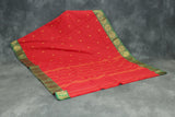 Red Poly Cotton Saree with Green Zari Floral Border and Gold Butta Motifs Saree JCS Fashions