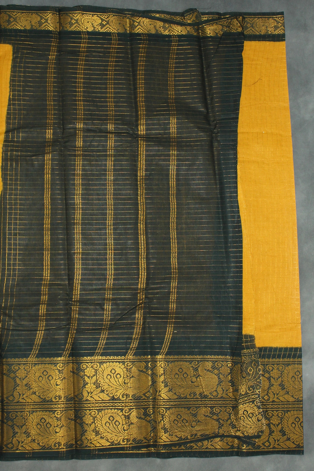 Mustard Yellow Sungudi Cotton Saree with Peacock Gold Zari Double Border