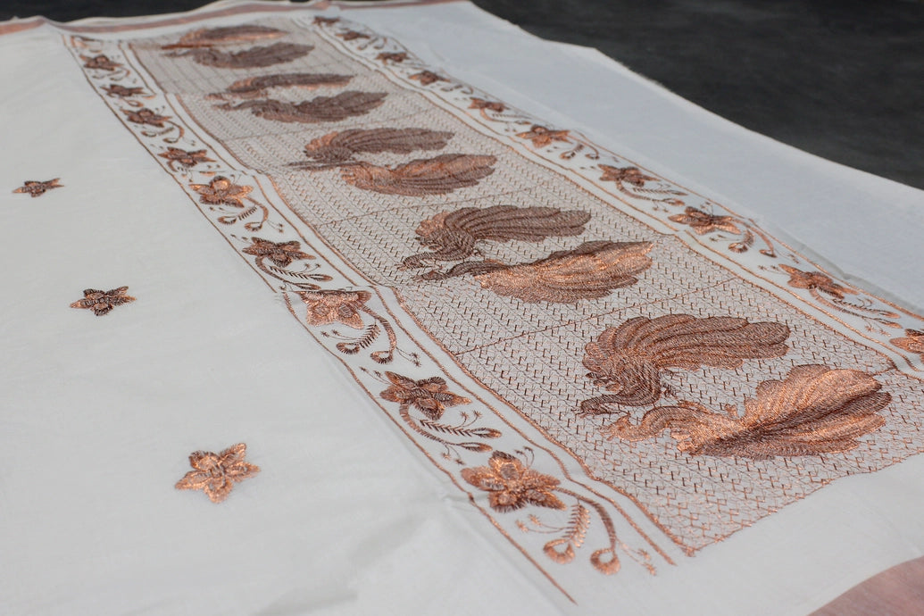 Pure Kerala Cotton White Saree with Copper Zari Peacock & Floral Machine Embroidery, Lightweight Traditional Saree with Blouse Piece