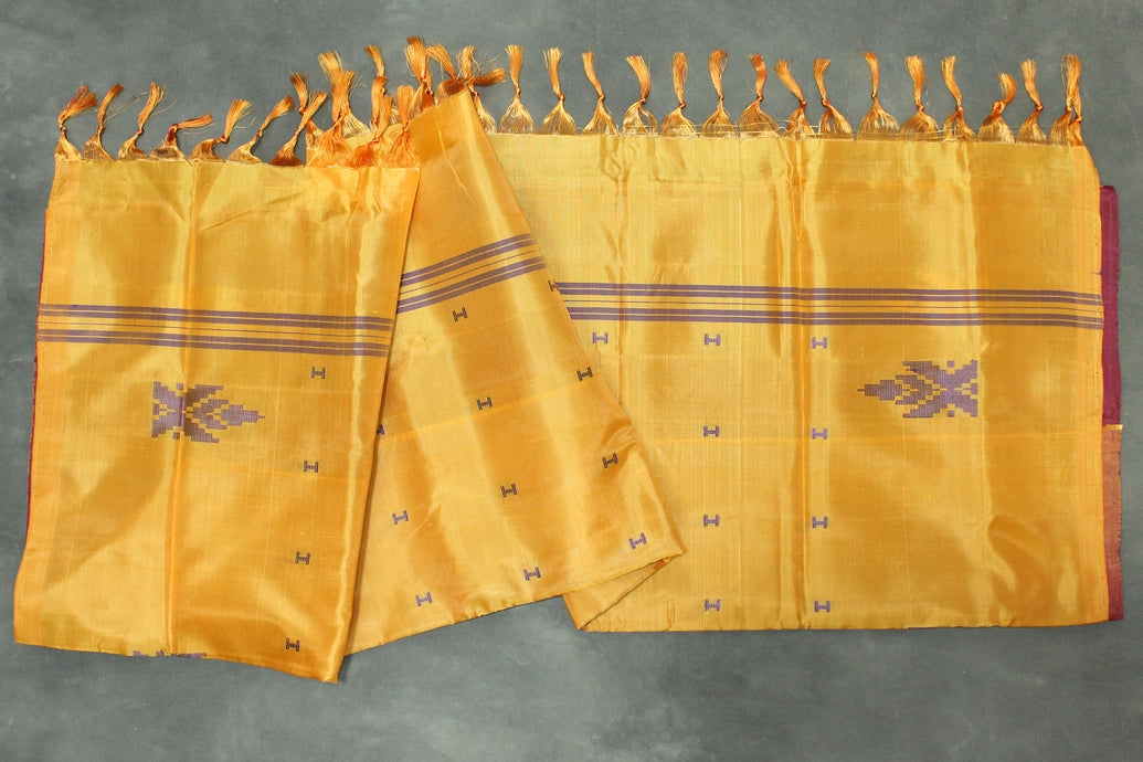 Banana Pith (Vaazhai Naar) Maroon & Yellow Borderless Saree with Small Butta