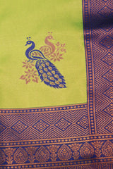 Green Kubera Pattu Semi Silk Saree with Big Peacock Motif & Big Zari Border, Includes Blouse