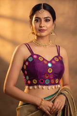 Navratri Mirror-Work Cowrie-Border Sleeveless Sweetheart Neck Blouse for Women in Embellished Finish