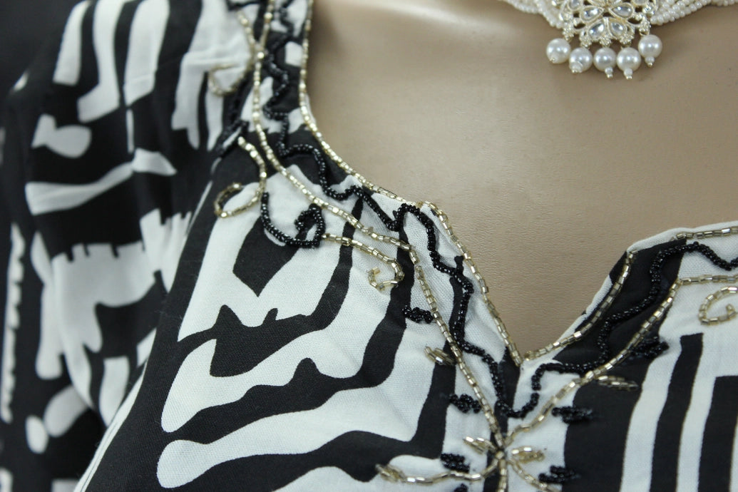 Black & White Rayon Printed Kurti Set with Beaded Neck and Elastic Pant Kurti JCS Fashions