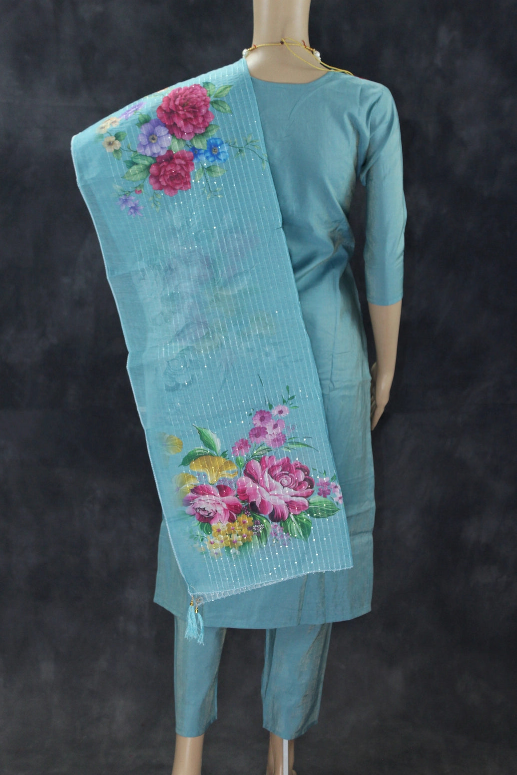 Pastel Blue Shimmer 3-Piece Salwar Suit with Aari & Pearl Embroidery, Organza Sequin and Printed Dupatta Kurti JCS Fashions