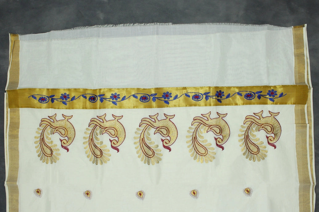 Pure Kerala Cotton White Saree with Gold Zari Peacock Embroidery Pallu – Blouse Piece Included