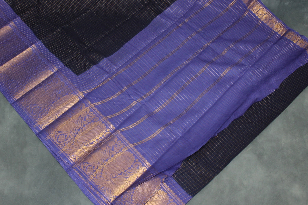 Deep Violet Sungudi Cotton Saree with Peacock Gold Zari Double Border Saree JCS Fashions