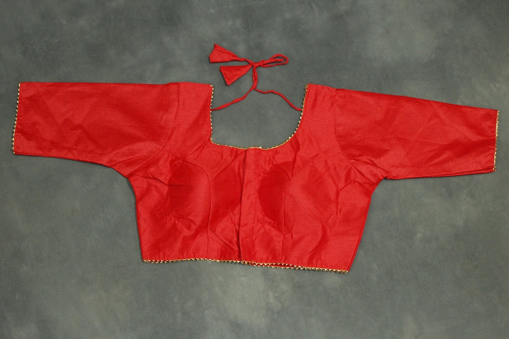 Red Raw Silk Padded Designer Blouse - Readymade Elbow Sleeve with Back Knot Blouse JCS Fashions