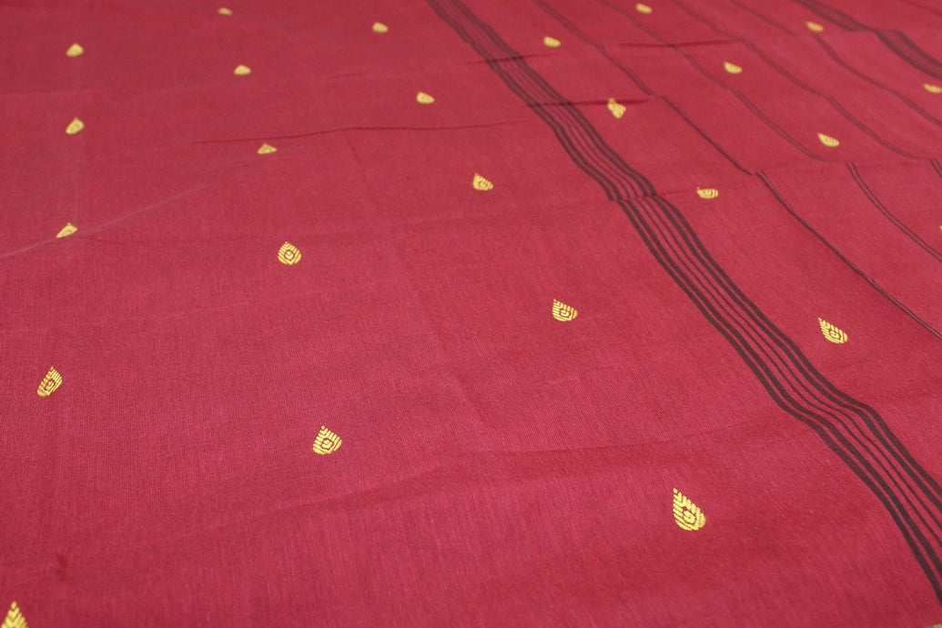 Red Poly Cotton Butta Saree with Green-Gold Thread Border - Traditional Indian Saree Saree JCS Fashions