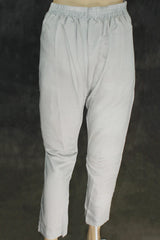 Gray Roman Silk 3-Piece Kurta Set with Organza Embroidered Top, Elastic Pants & Border Dupatta