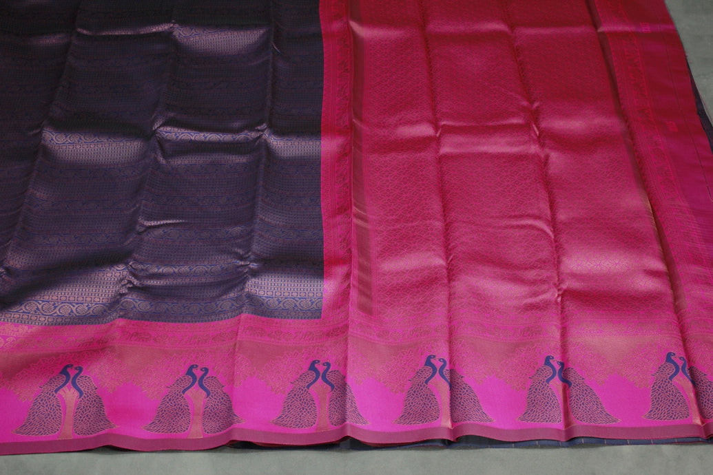 Dark Blue Kubera Silk Saree with Peacock Border and Blouse, Semi Silk Traditional Wear