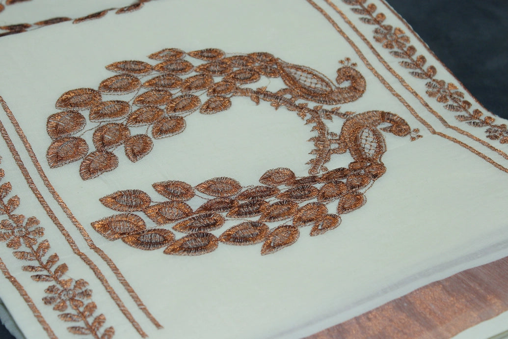 Pure Kerala Cotton White Saree with Copper Zari Peacock Embroidery, Includes Blouse Piece