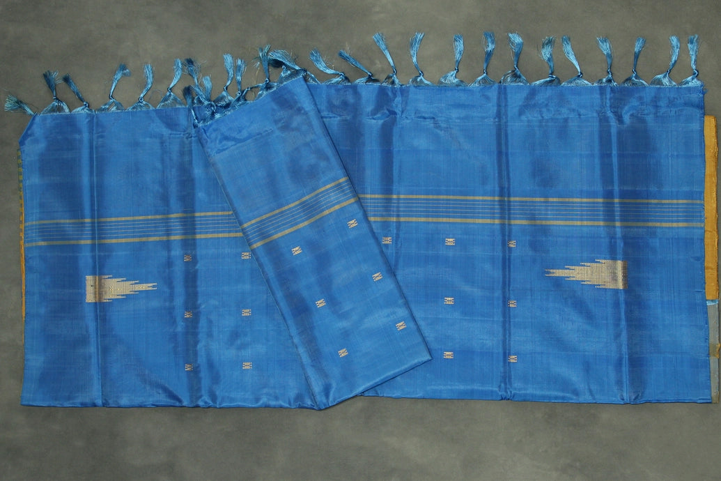 Blue & Mustard Vaazhai Naar (Banana Pith) Saree with Small Butta Allover, Borderless Design, Striped Pallu