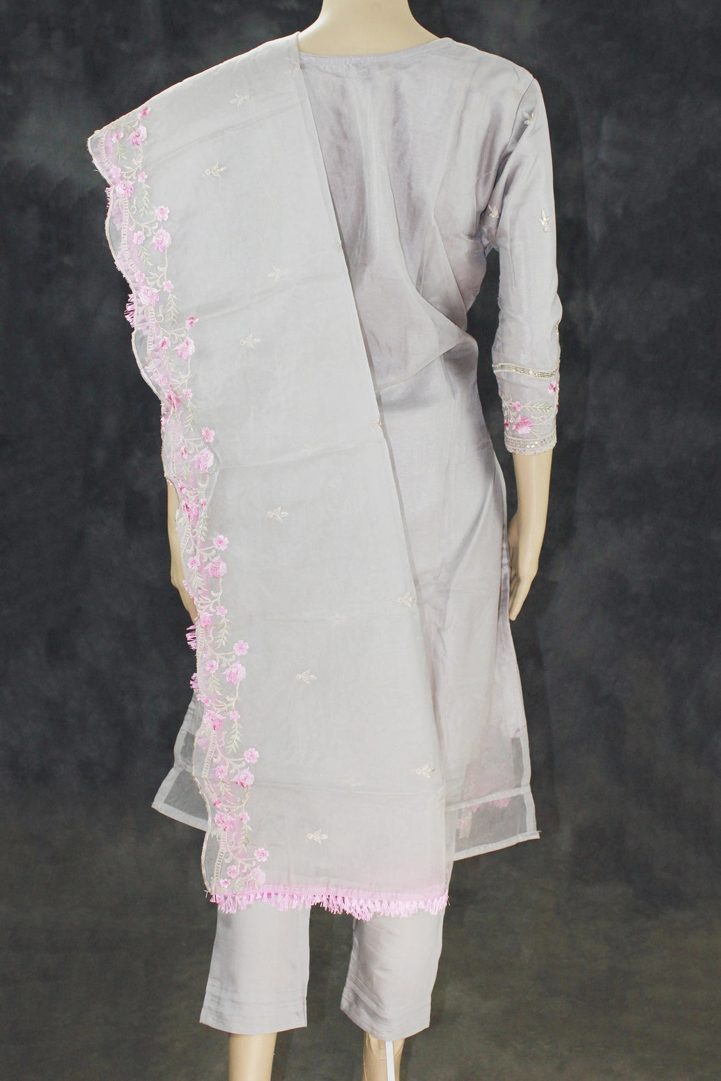 3 piece salwar set, Organza with khatli work kurti, Roman Silk Bottom with mobile pocket , Organza with border work Dupatta, Beautiful beads