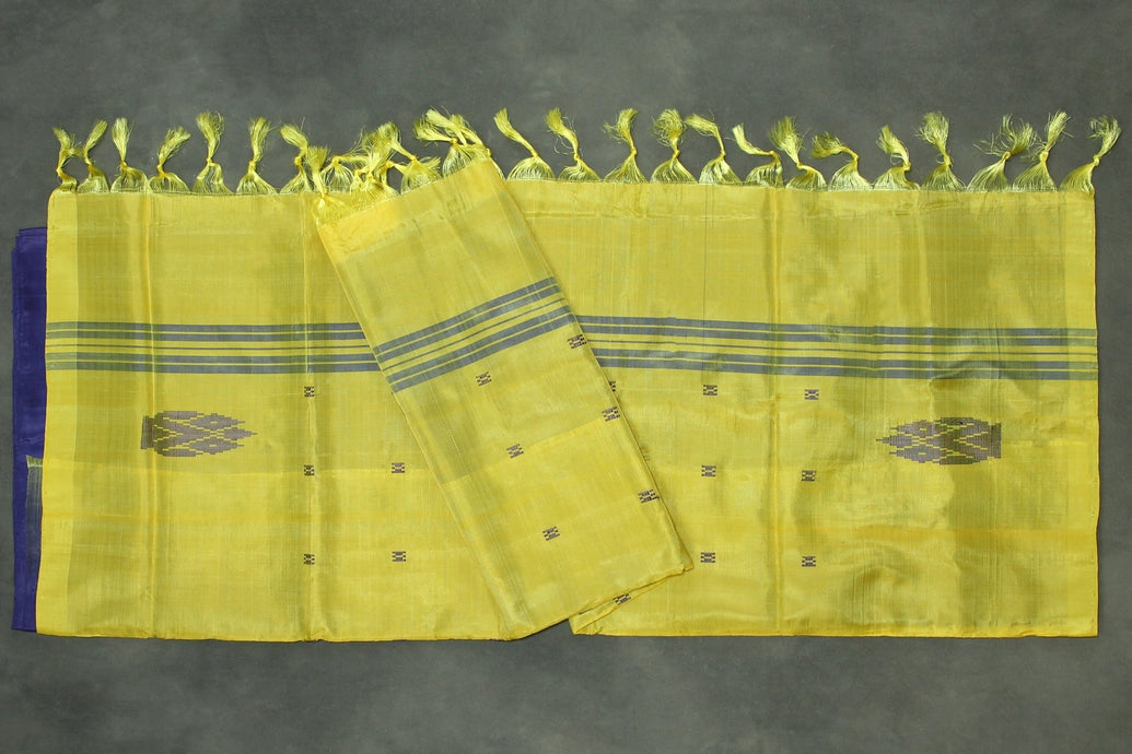 Handwoven Lemon Yellow Vaazhai Naar (Banana Pith) Borderless Saree with Deep Blue Pallu