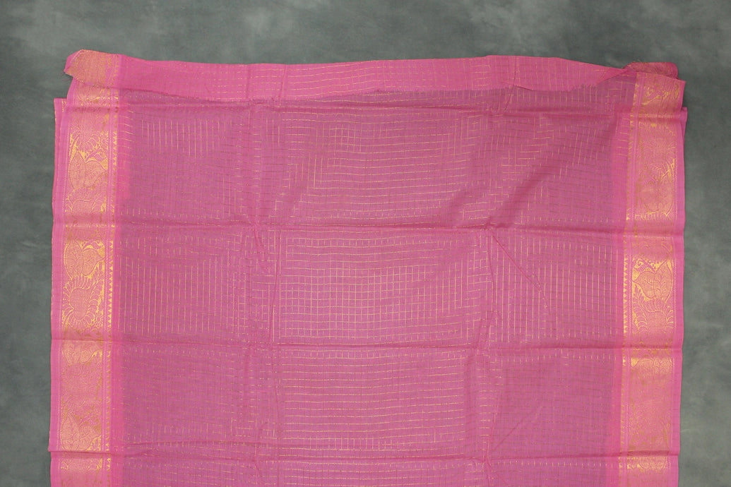 Purple Sungudi Cotton Checked Saree with Pink Peacock Gold Zari Double Border - Unstitched Blouse Included Saree JCS Fashions