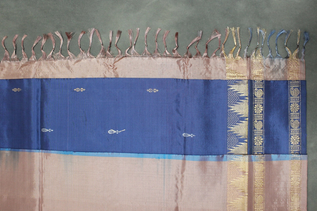 Vaazhai Naar Banana Pith Saree with Zari Border and Small Buttas – Navy Blue & Brown