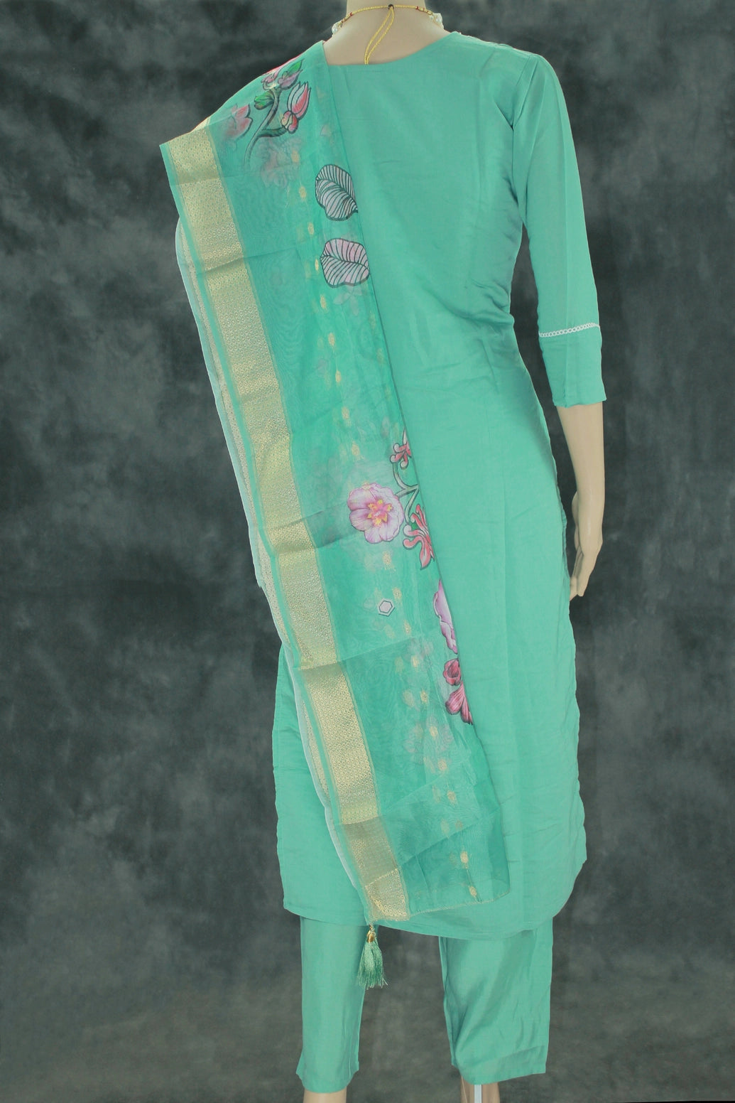 Roman Silk 3-Piece Kurti Set with Elastic Pant and Digital Jacquard Dupatta - Sage Green