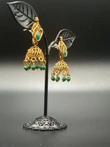 Antique Leaf-Design Jhumka Earrings for Women — Gold-Tone Traditional Jhumkas with Colour Bead Drops Jewelry JCS Fashions