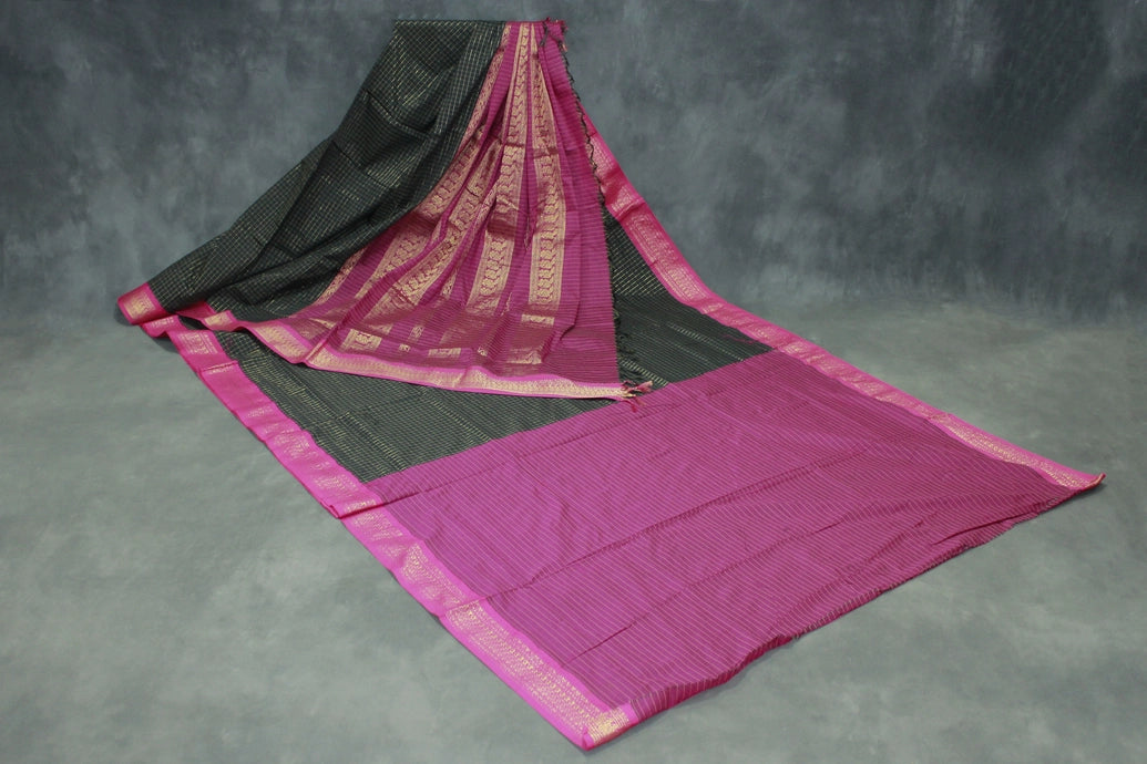 Kalyani Cotton Saree in Black with Zari Checked & Peacock Border and Blouse
