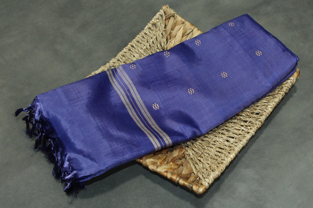 Navy Blue Vaazhai Naar (Banana Pith) Borderless Saree with Small Buttas and Striped Pallu