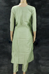 Light Green Roman Silk Kurti Pant Set with Embroidered Handwork Chinon Dupatta for Women