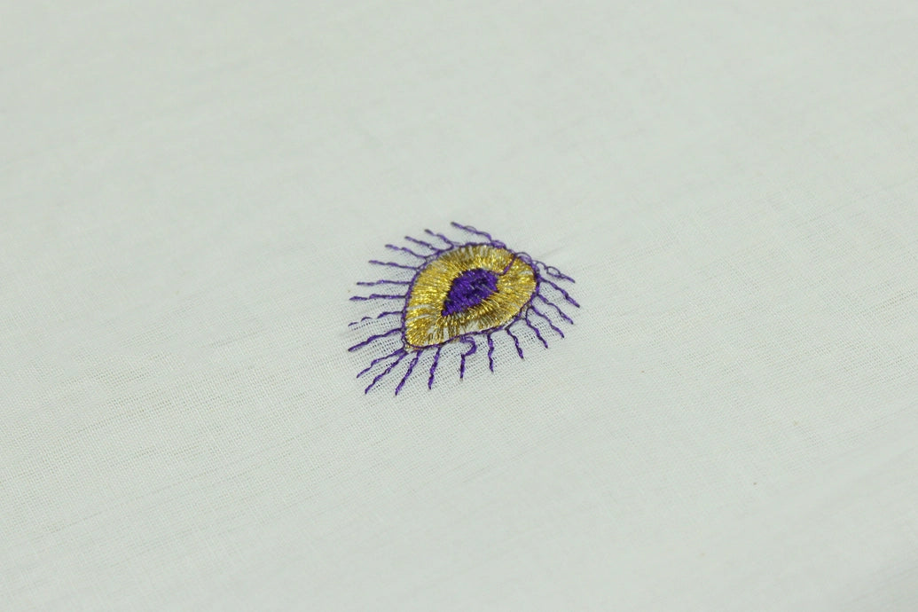 White Kerala Cotton Saree with Gold Zari and Purple Peacock Machine Embroidery, Includes Blouse Piece