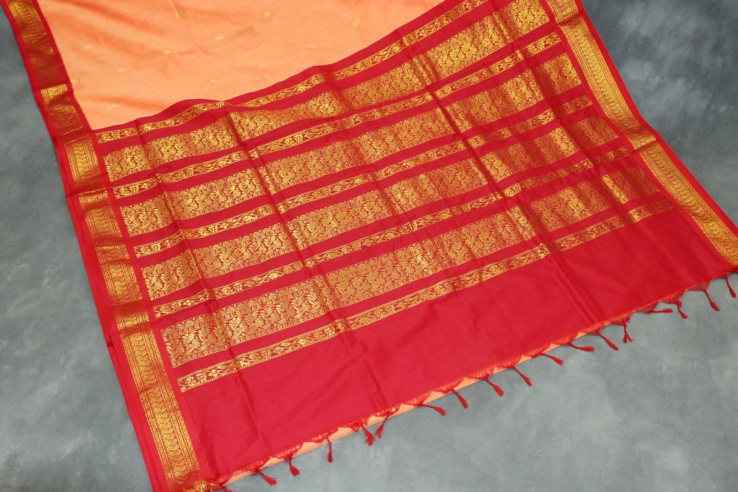 Silk cotton sarees with grand pallu and thick Zari border both sides. Full body small butties. With blouse