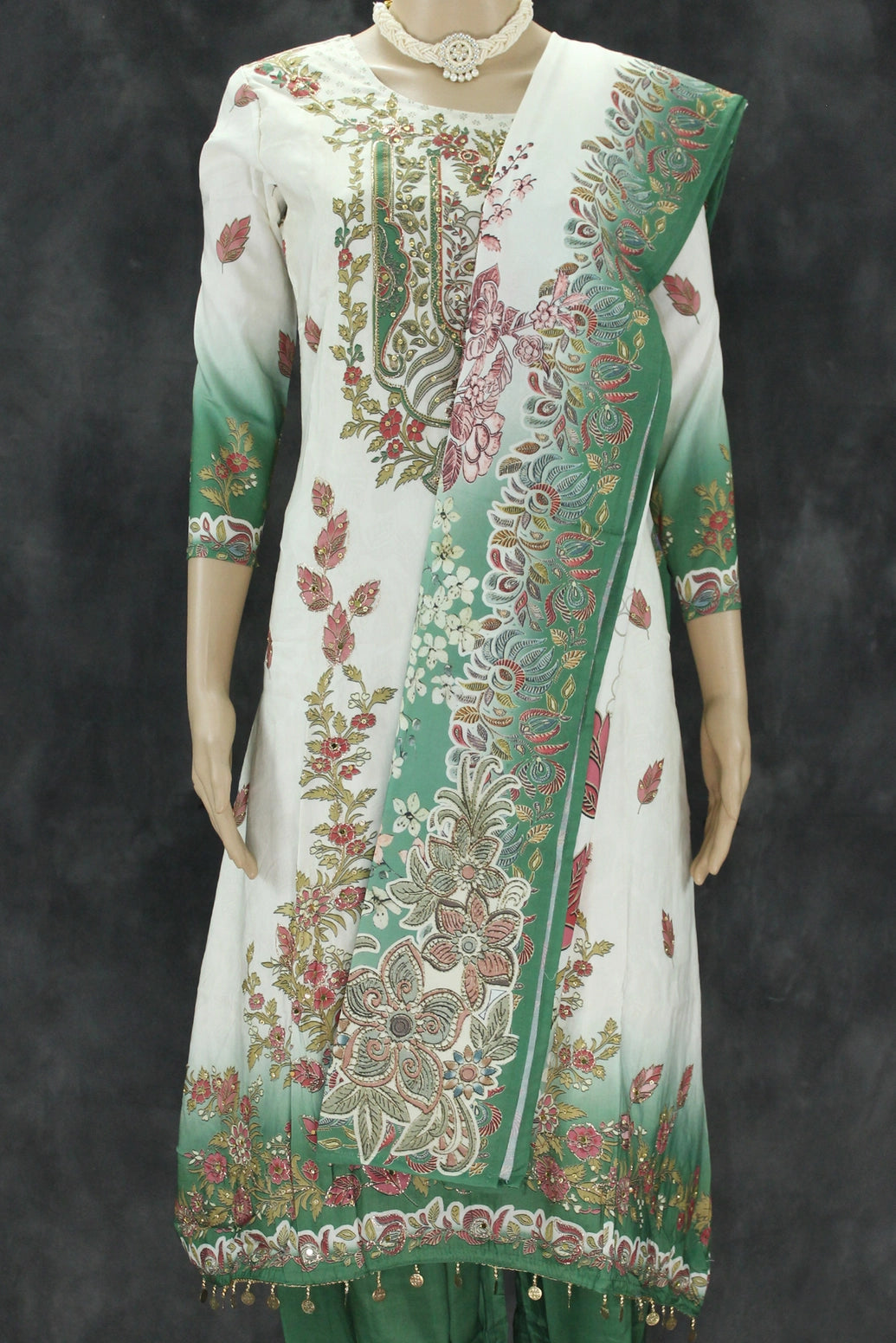 Cream and Green Printed Crepe Salwar Suit - 3 Piece Pakistani Style Kurti, Pant and Cotton Dupatta