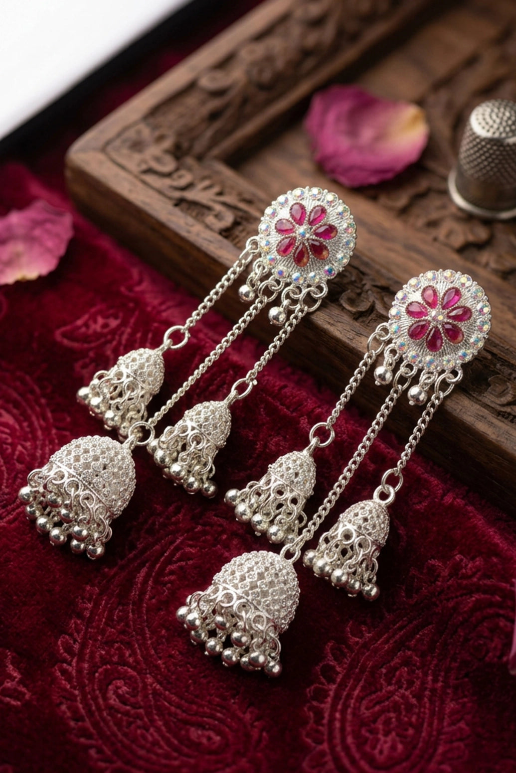 Silver-Finish Flower Stud Jhumka Earrings with Multicolor Crystal Stones and Filigree Dome Drop