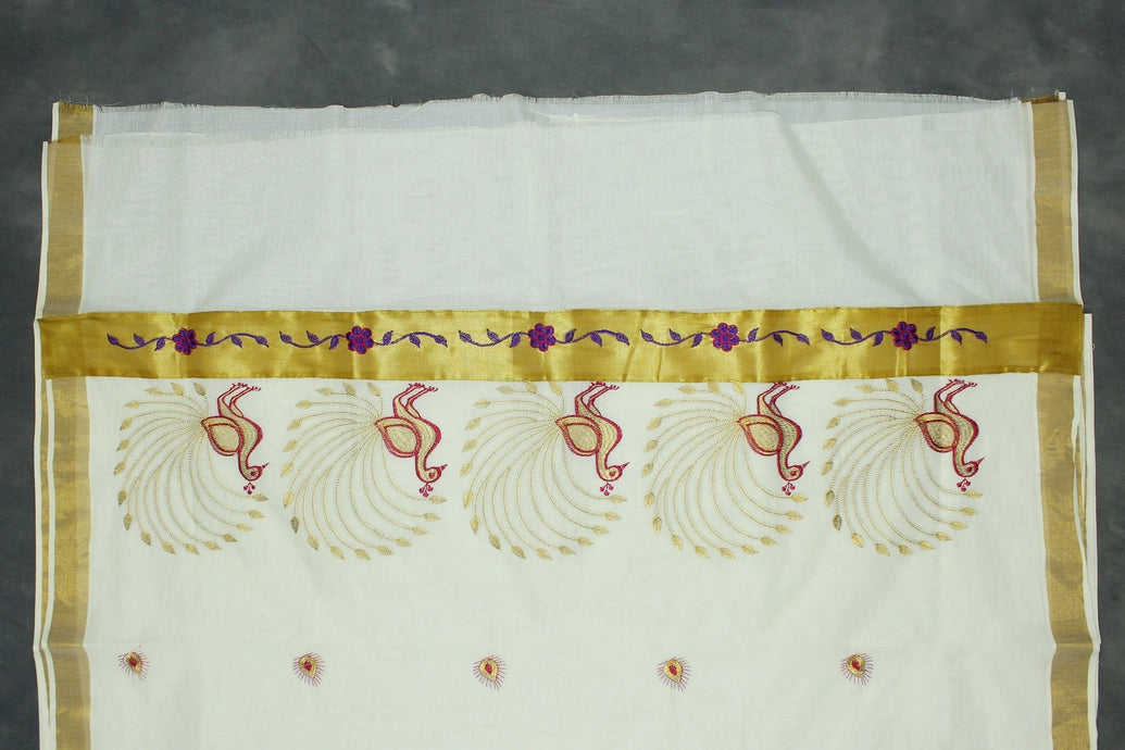 Pure Kerala Cotton White Saree with Gold Zari Peacock Embroidery