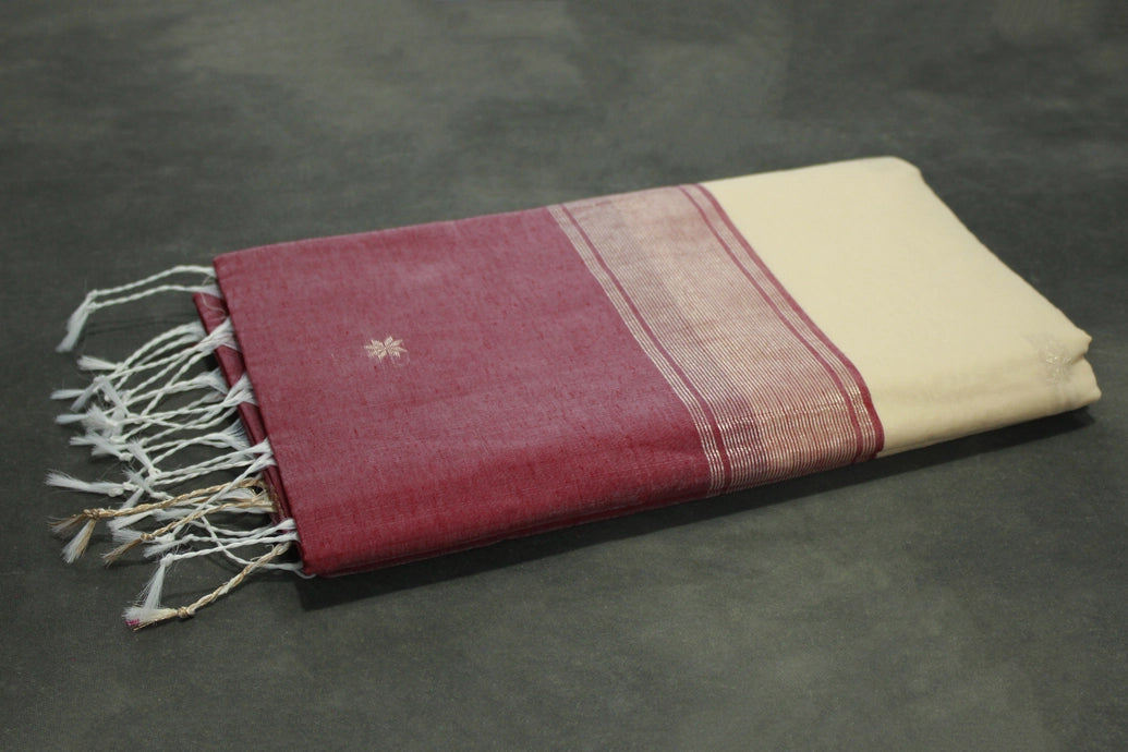 Eswari Textiles Maheswari Silk Cotton Saree with Butta & Zari Border, Cream Body, Blouse Piece Included