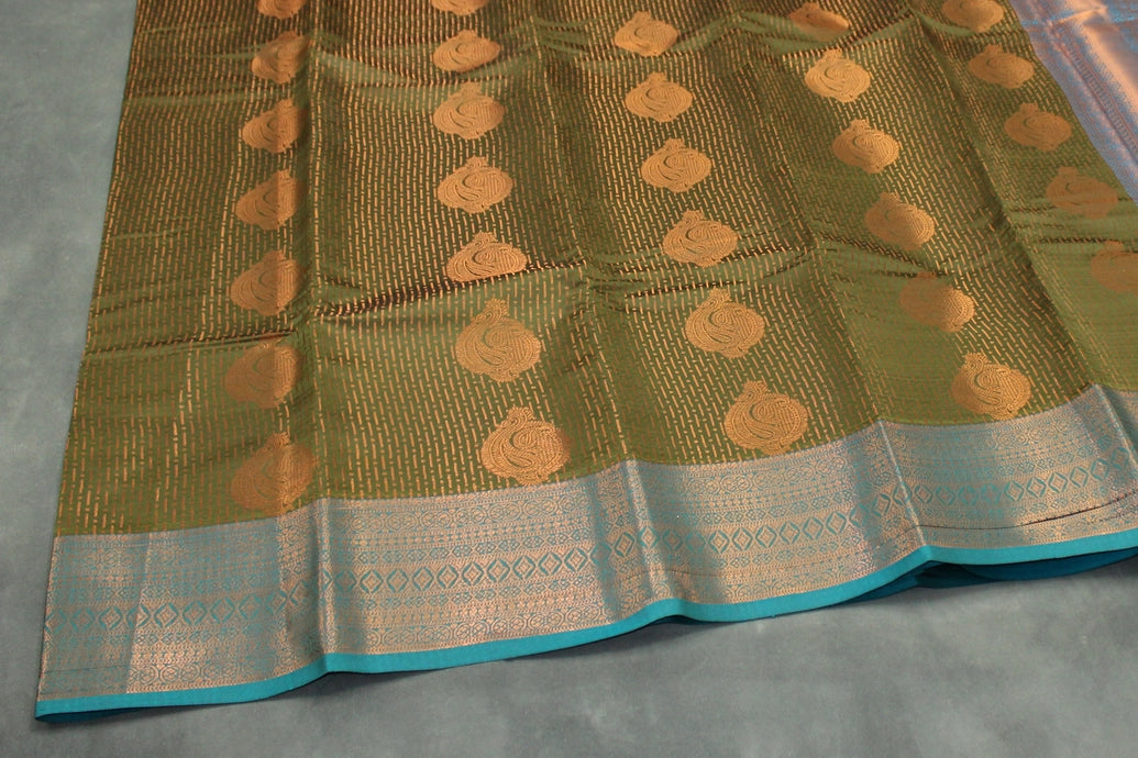 Bridal Kubera Pattu Saree Mehendi Green with Teal Blue Zari Border - Full Body Zari Work