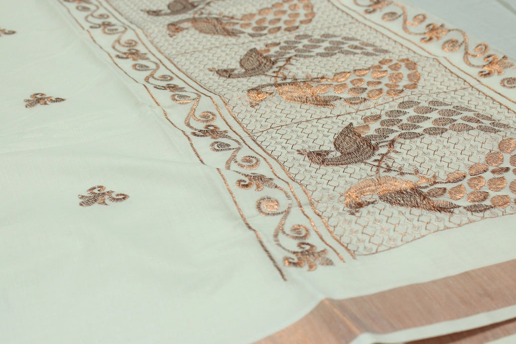 Pure Kerala Cotton Saree with Copper Zari Peacock Embroidery - White